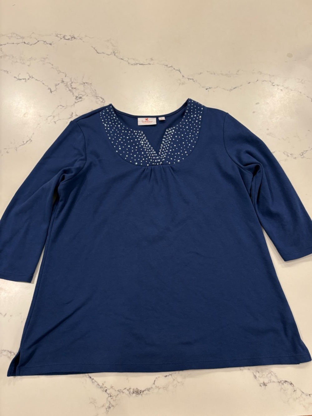 Quacker Factory V Neck Rhinestone Navy Blue Quarter Sleeve Top
